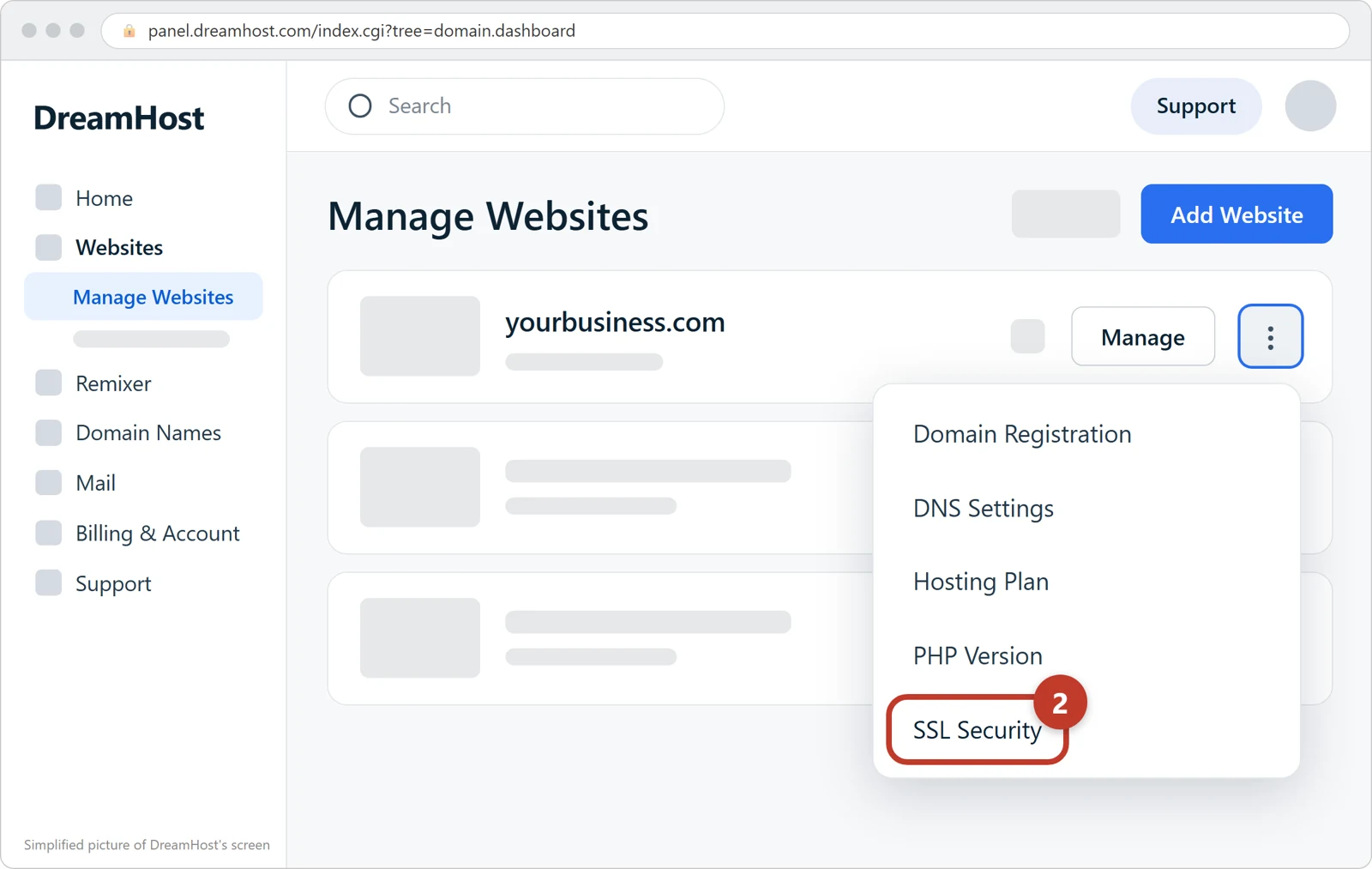 DreamHost's Manage Websites page with the three-dots menu open and SSL Security circled