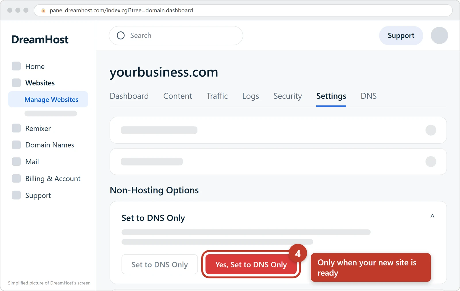 The Settings tab of the website at DreamHost, Non-Hosting Options, with the red Yes, Set to DNS Only button circled