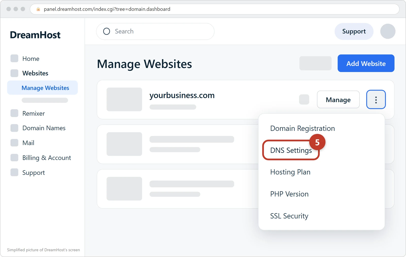 DreamHost's Manage Websites page with the three-dots menu open and DNS Settings circled
