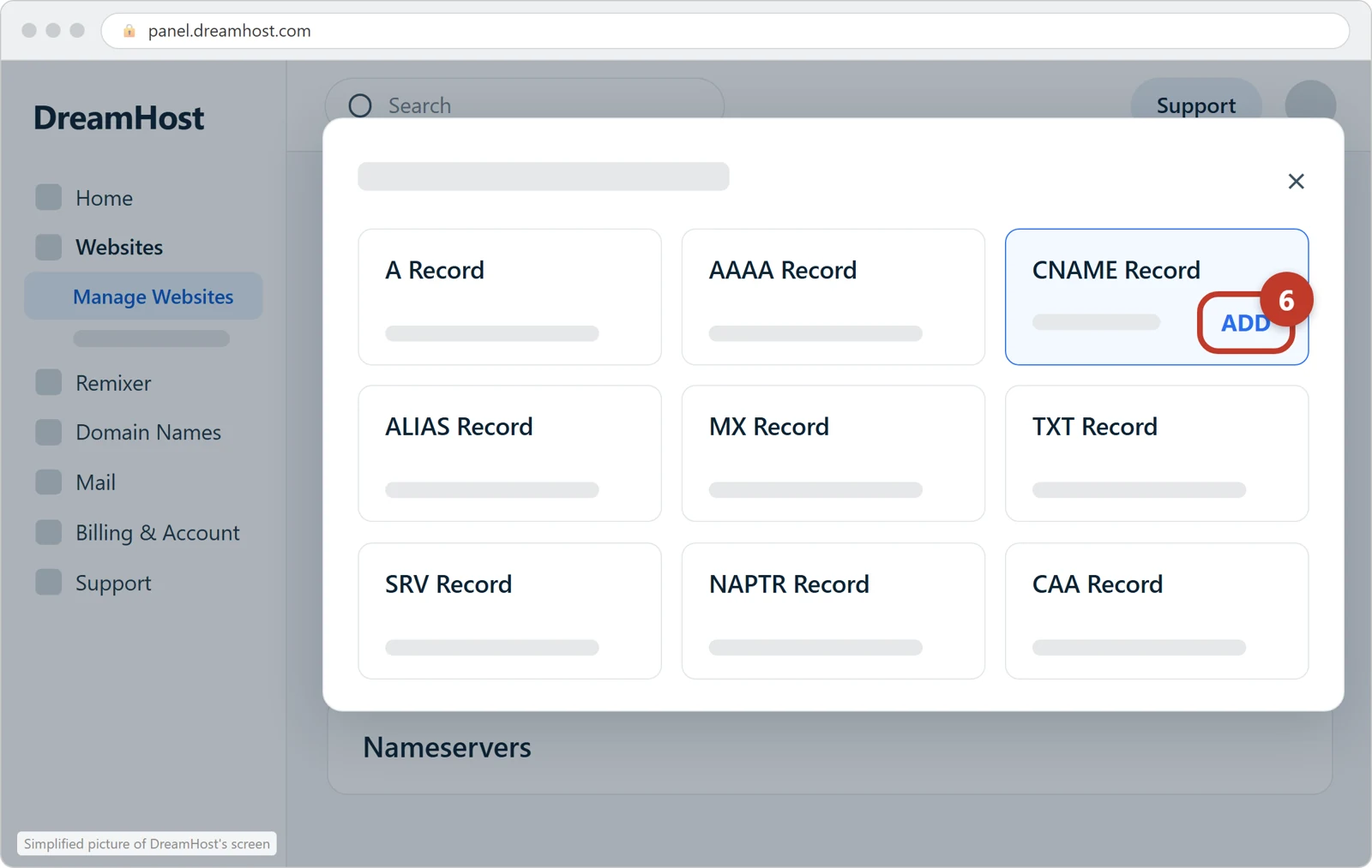 The record types box at DreamHost with ADD next to CNAME Record circled