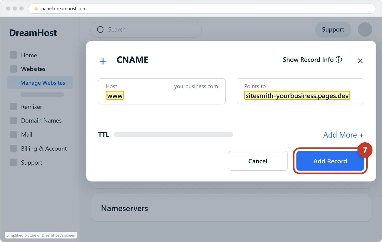 The CNAME form at DreamHost with www in Host, the site's address in Points to, and Add Record circled