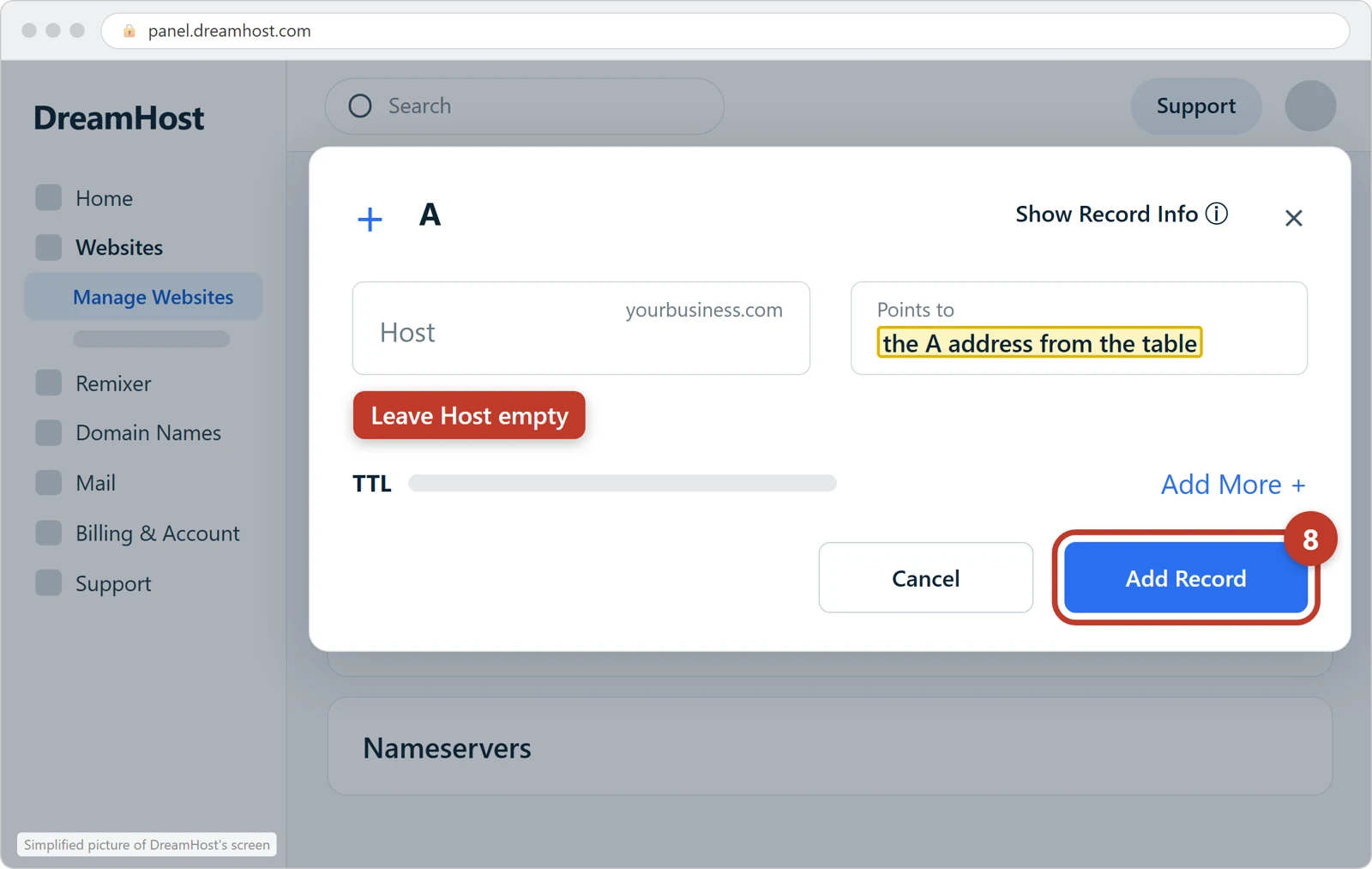 The A form at DreamHost with Host left empty, the A address in Points to, and Add Record circled