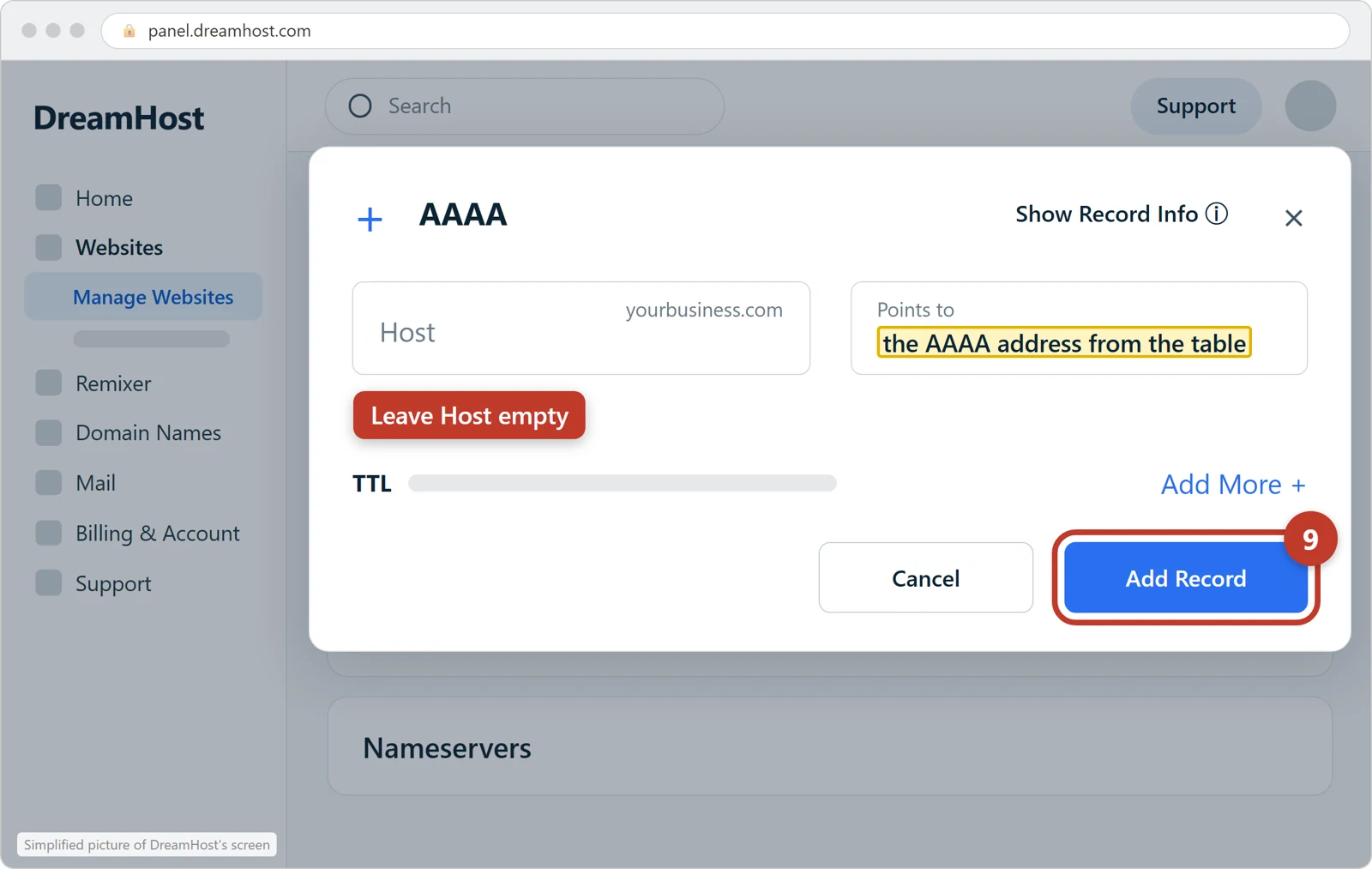 The AAAA form at DreamHost with Host left empty, the AAAA address in Points to, and Add Record circled