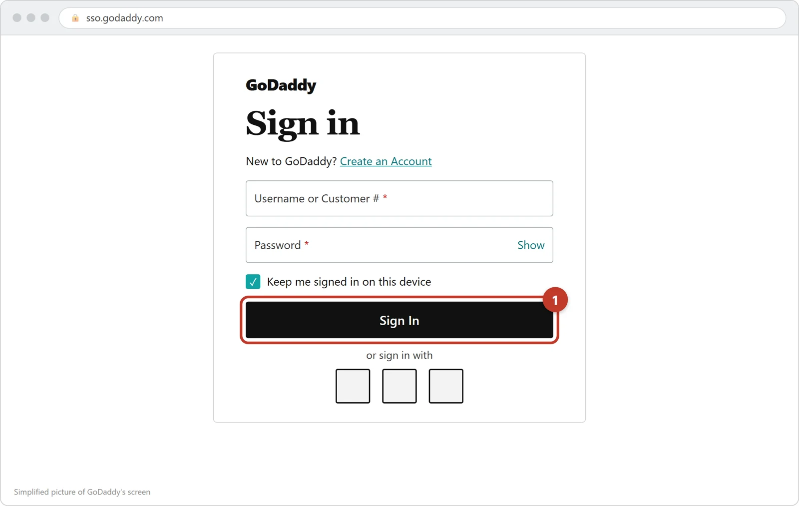GoDaddy's sign-in page with the Sign In button circled