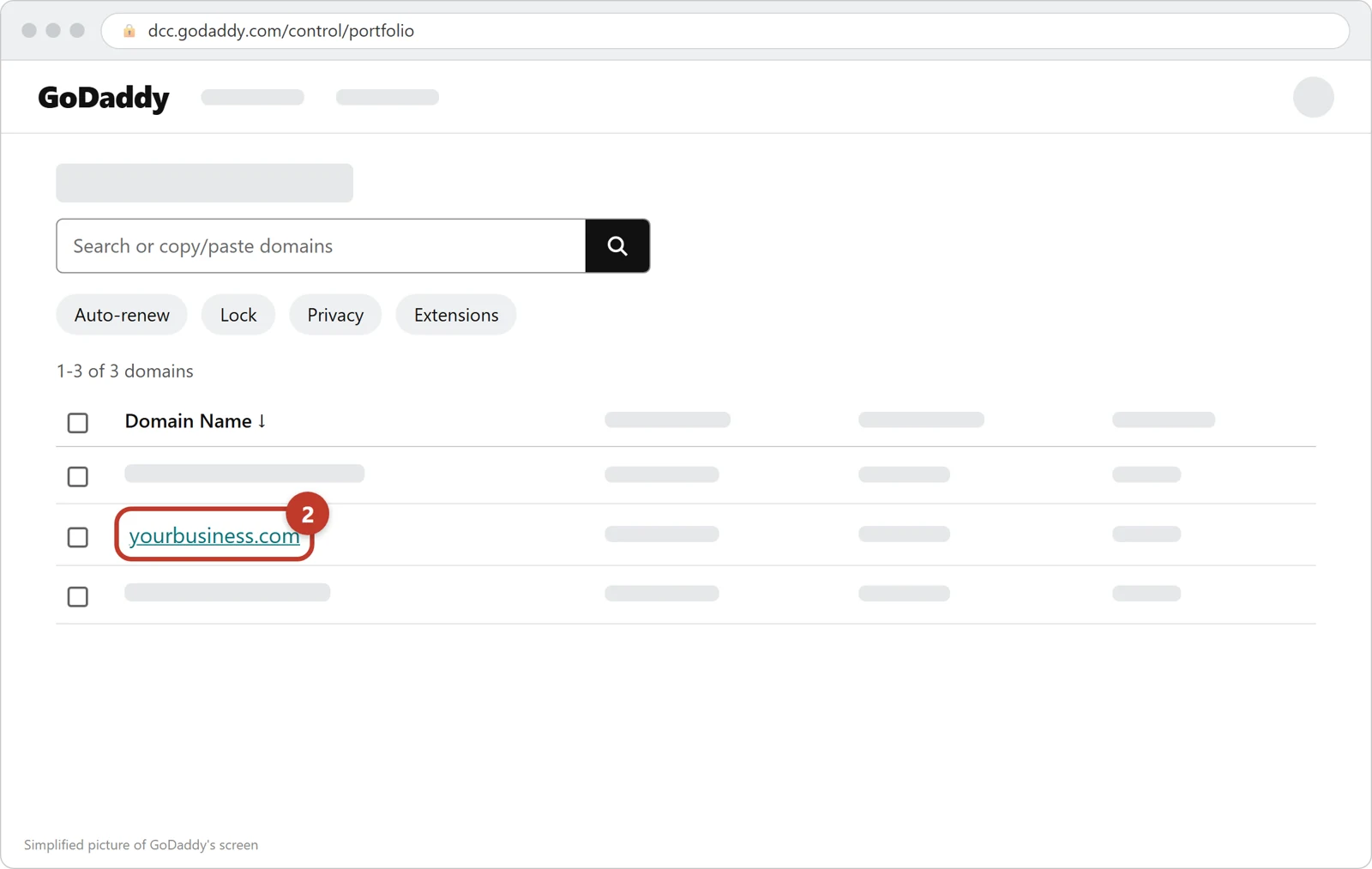 GoDaddy's Domain Portfolio list with the domain name yourbusiness.com circled