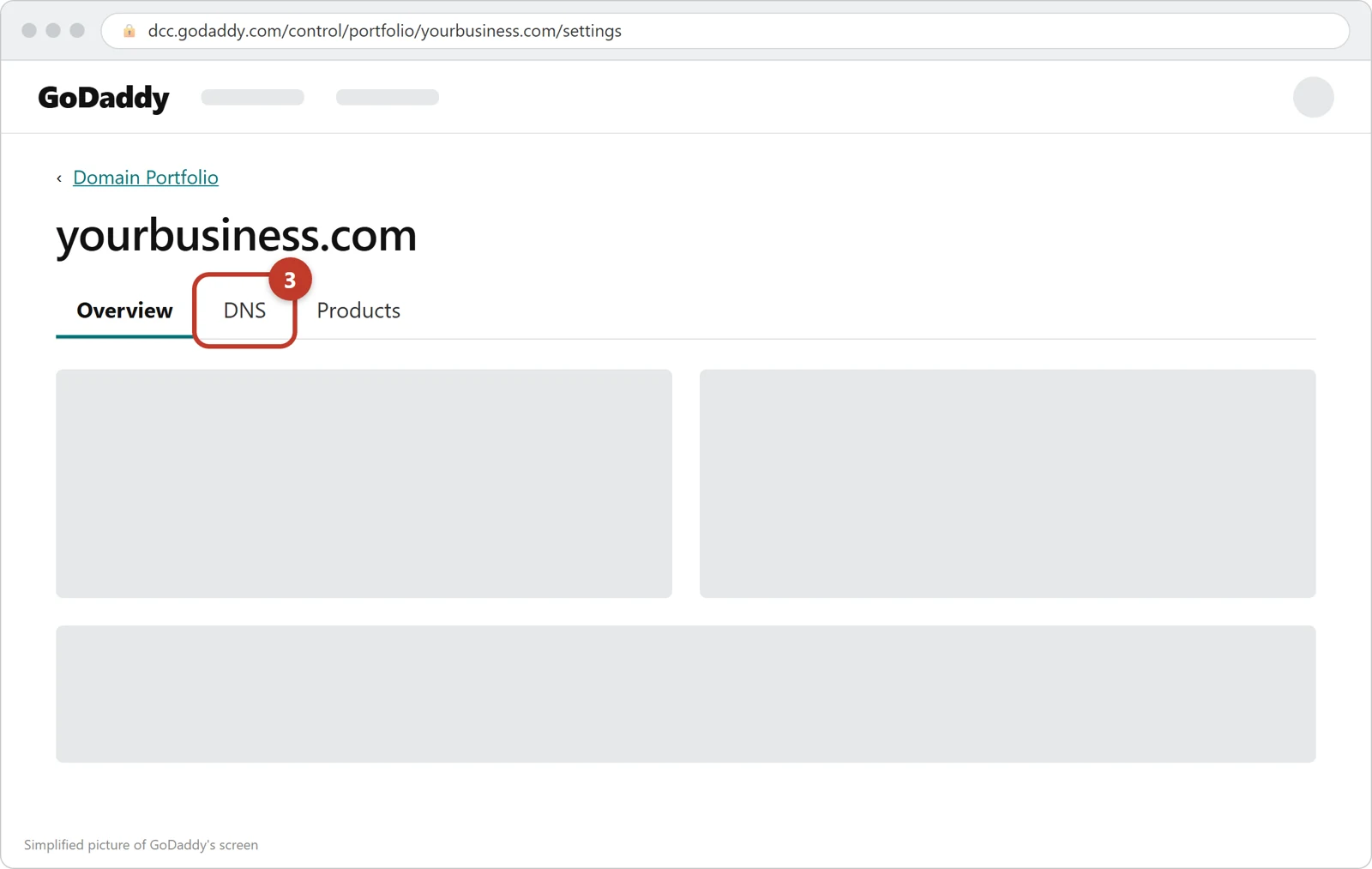 The domain's page at GoDaddy with the DNS tab circled
