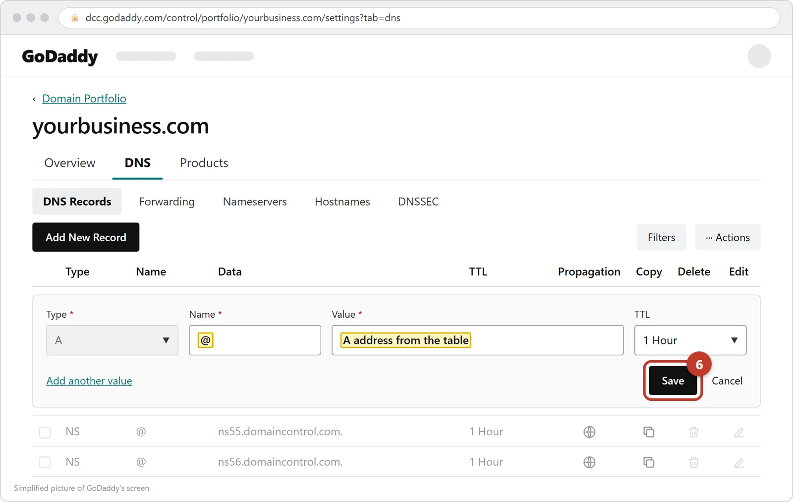 The A record form at GoDaddy, Name @ and Value filled in, with the Save button circled