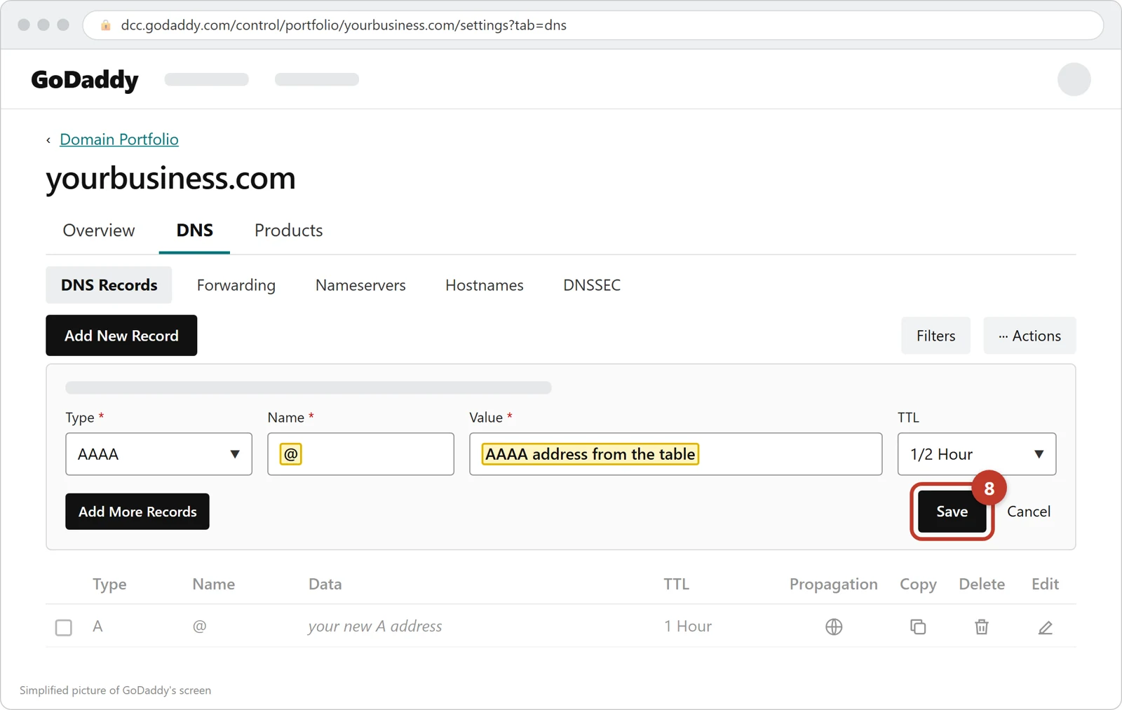 GoDaddy's new record form with Type AAAA, Name @ and Value filled in, and the Save button circled