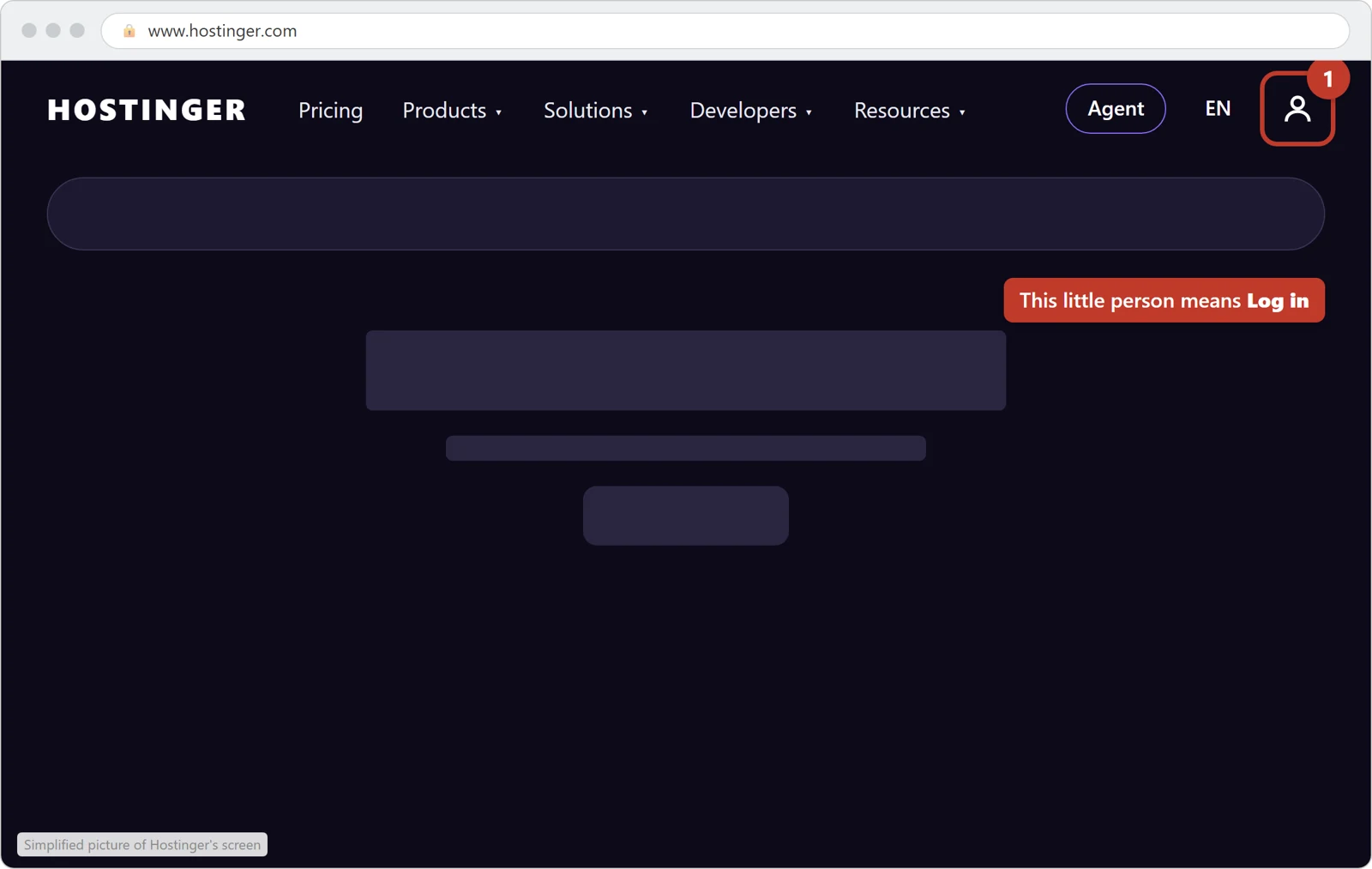 Hostinger's home page with the person icon at the top right circled; it means Log in