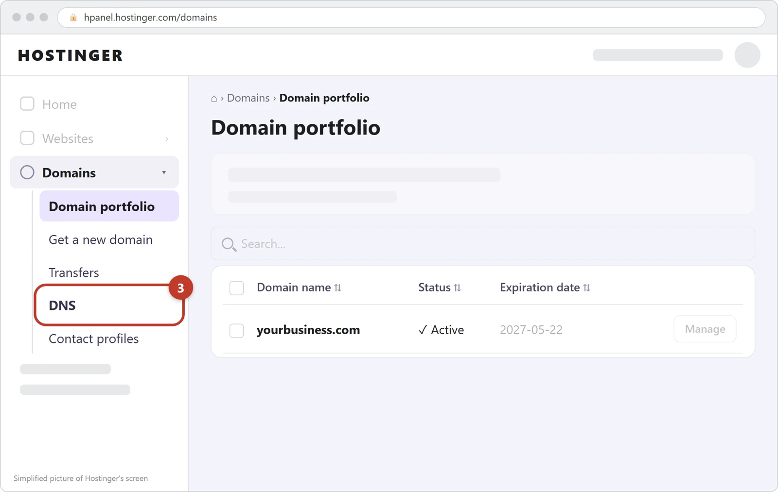 Hostinger dashboard with Domains open on the left and DNS circled
