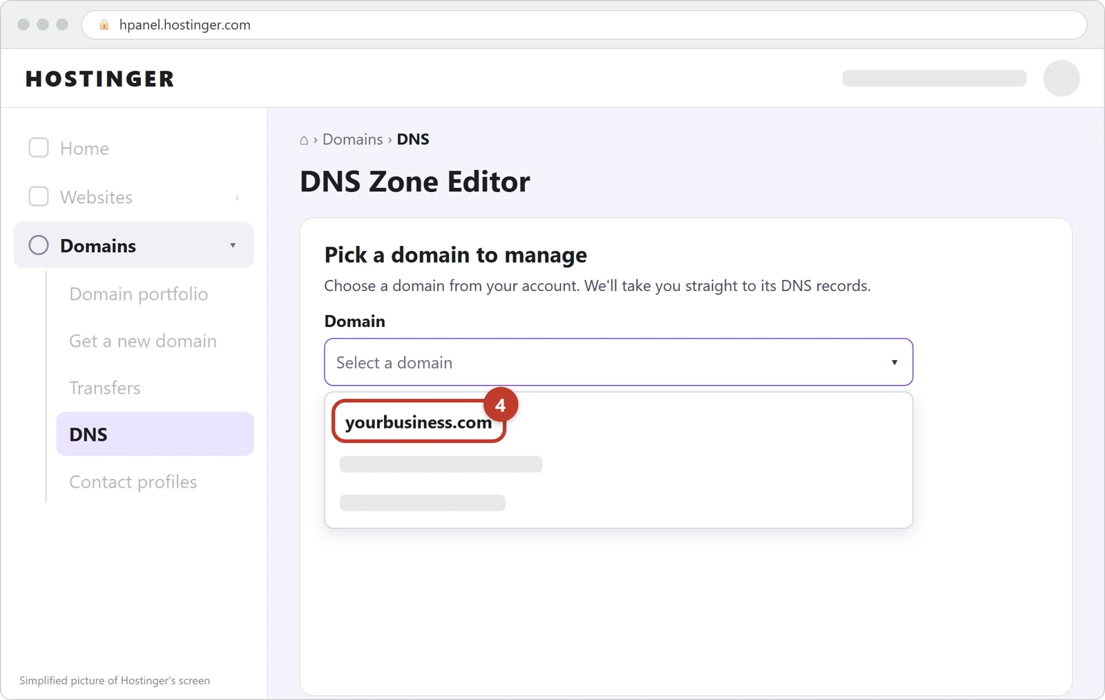 Hostinger's DNS Zone Editor with the domain list open and yourbusiness.com circled
