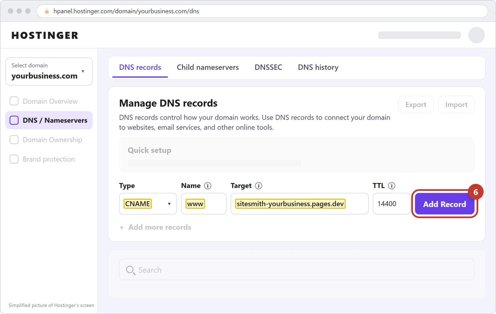 Hostinger's Manage DNS records form filled in with CNAME, www and the site's address, and the Add Record button circled