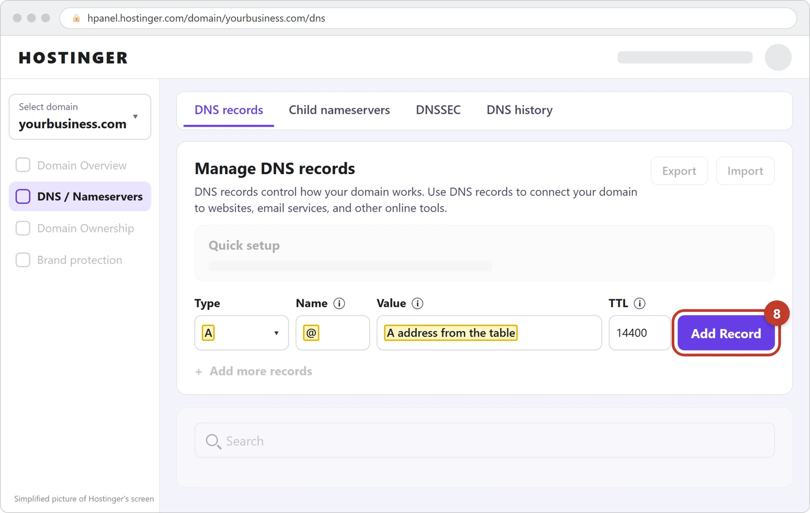 Hostinger's Manage DNS records form filled in with type A, name @ and the A address, and the Add Record button circled