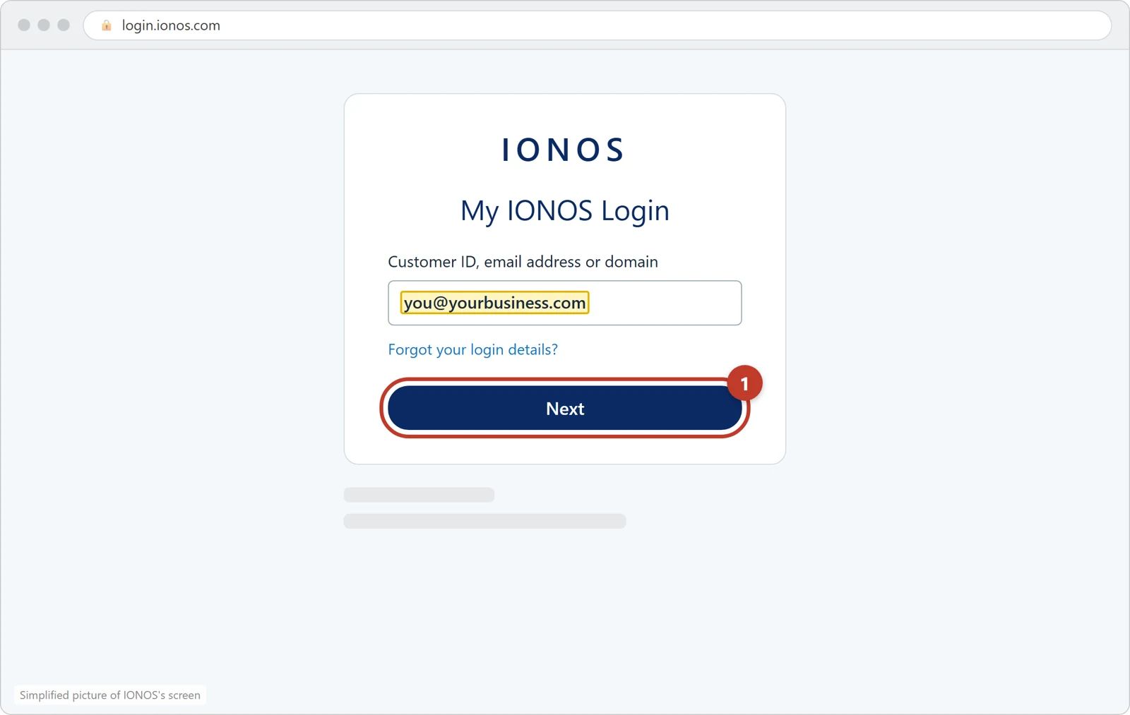 The My IONOS Login page with an email address typed in and the Next button circled