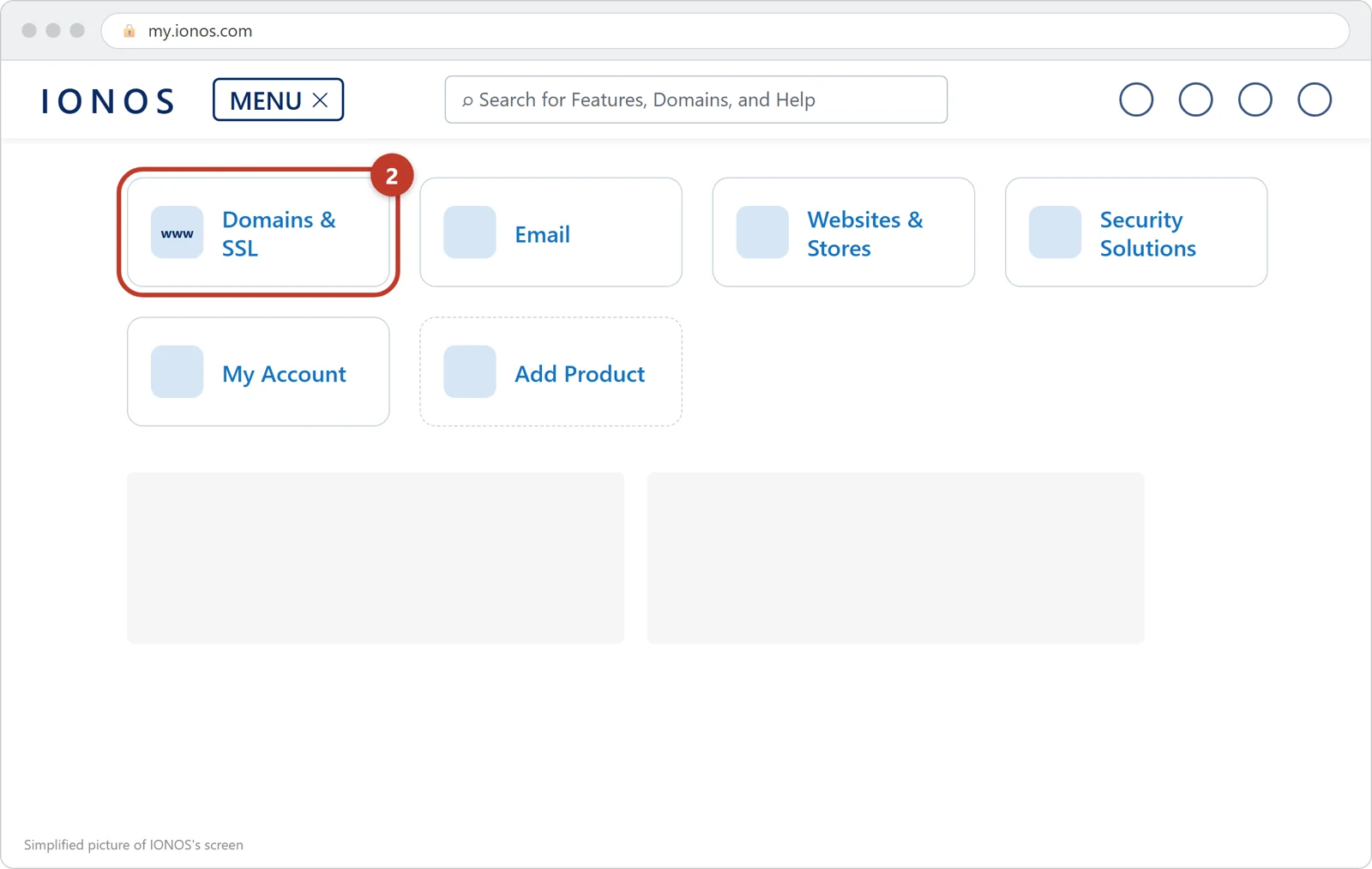 The IONOS menu open, with the Domains & SSL tile circled