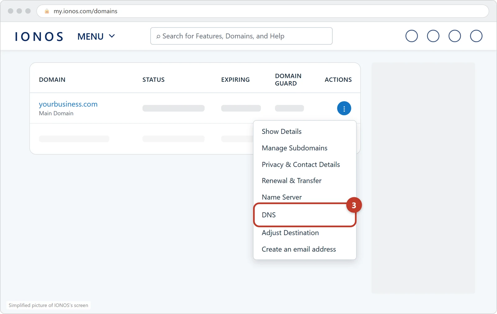 The IONOS domain list with the actions menu open next to yourbusiness.com and DNS circled