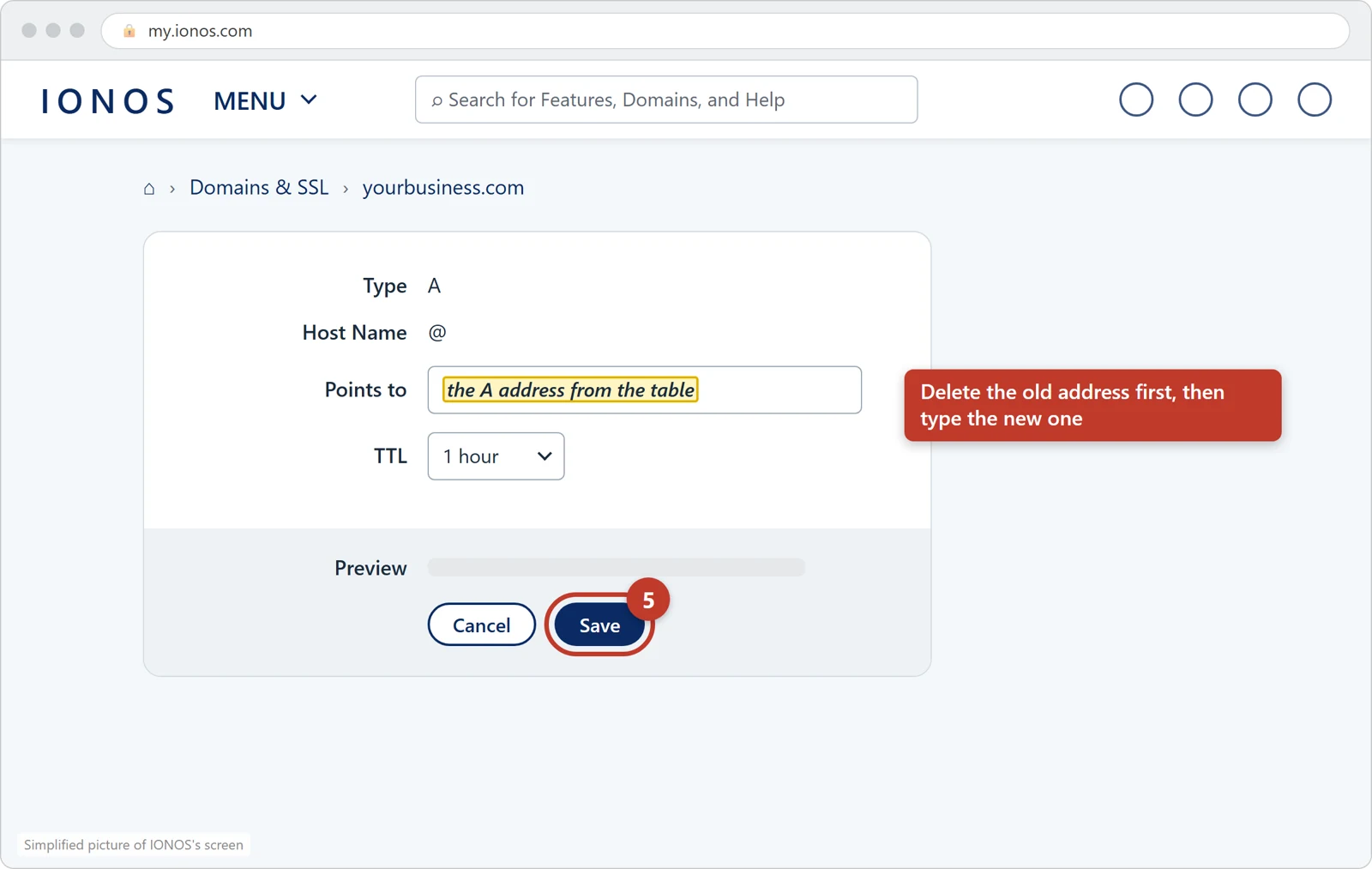 The IONOS record form for A and @ with the Points to box filled in and the Save button circled