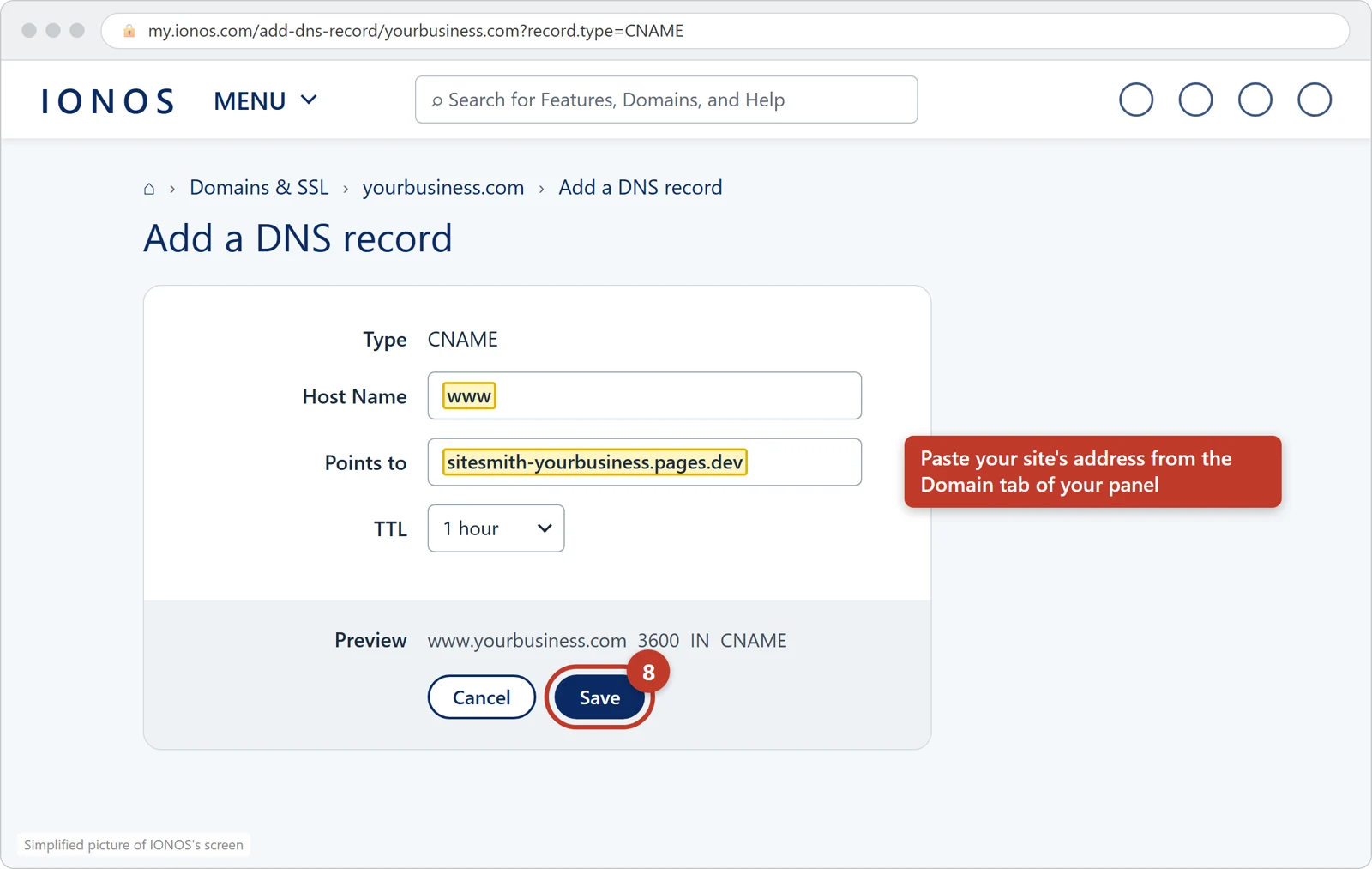 The IONOS Add a DNS record form for CNAME, with www and the site's address typed in and the Save button circled