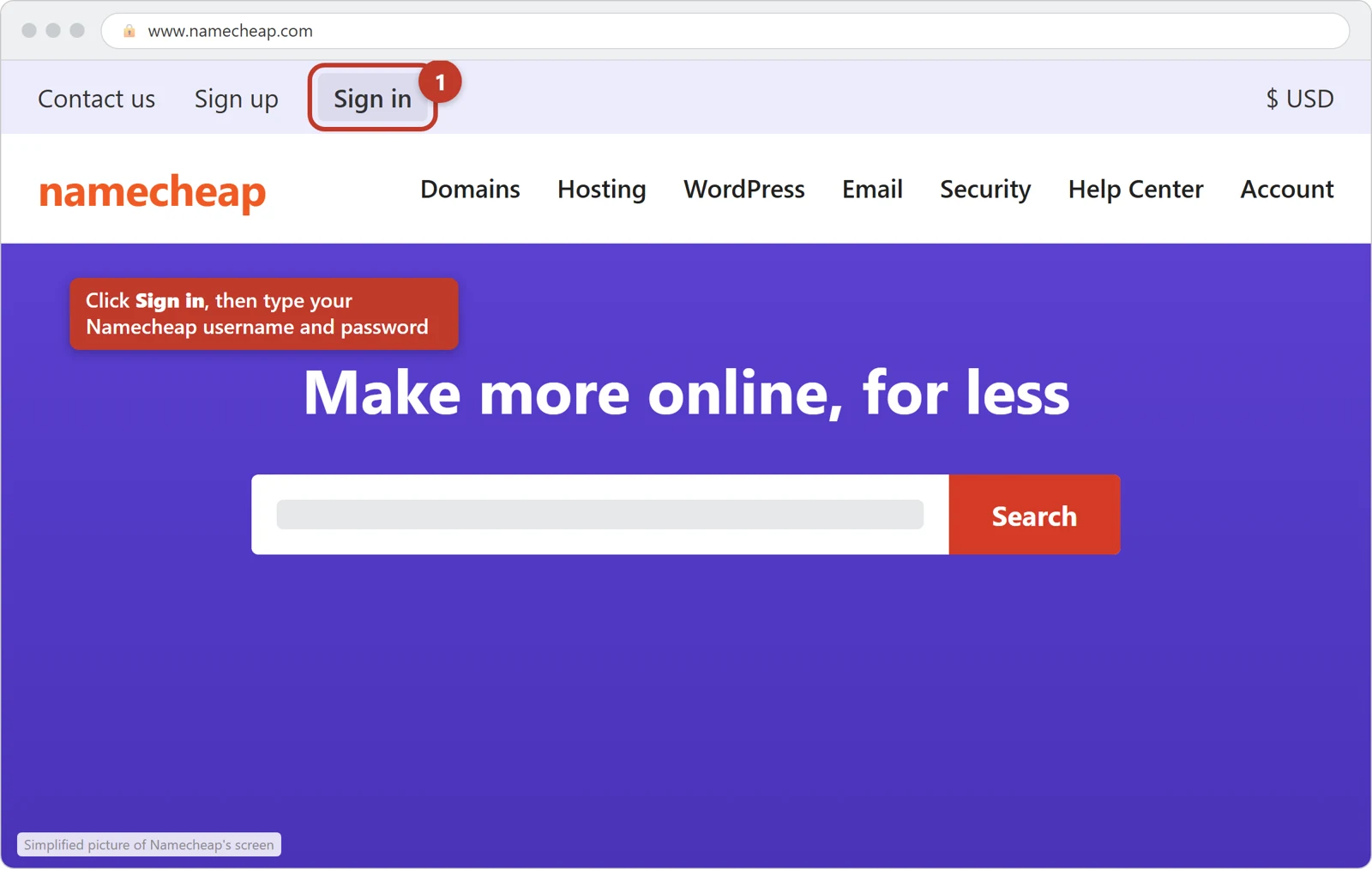 Namecheap's home page with the Sign in link at the top circled