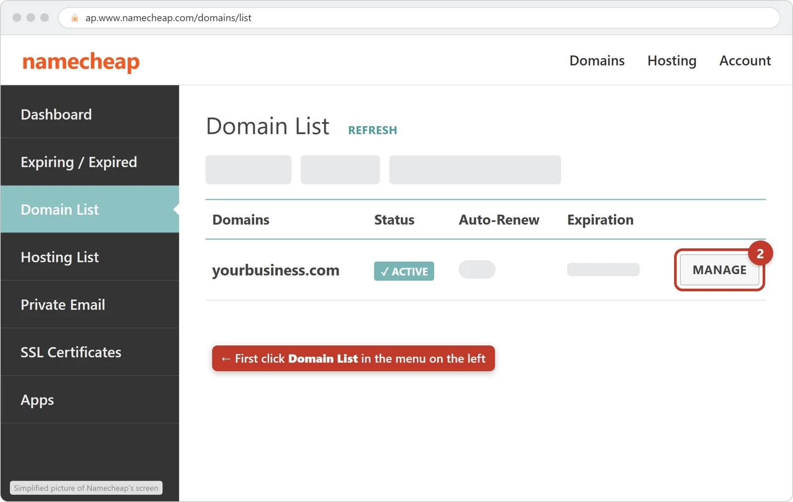 Namecheap's Domain List with the Manage button next to yourbusiness.com circled