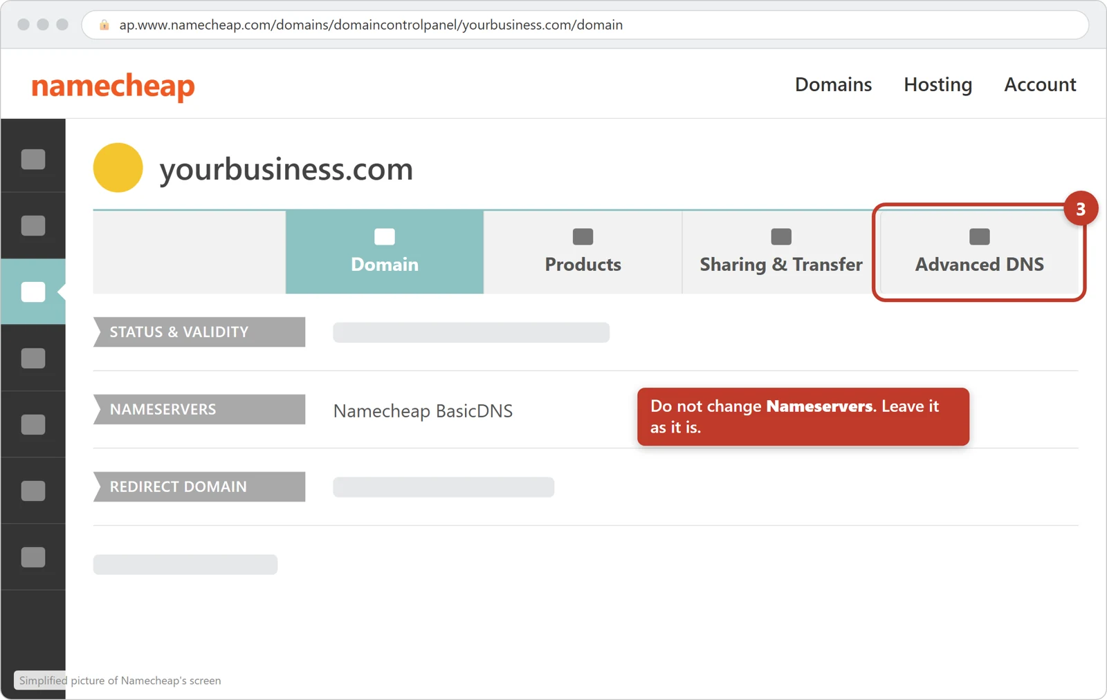 Namecheap's domain page with the Advanced DNS tab circled
