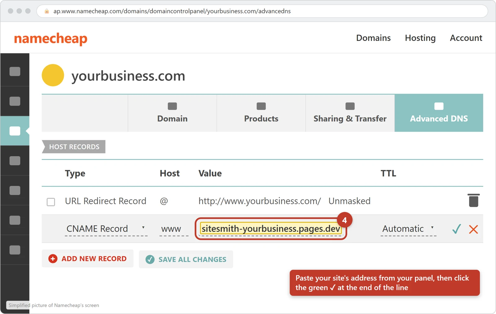 The www CNAME Record line open for editing, with your site's address pasted into Value and circled