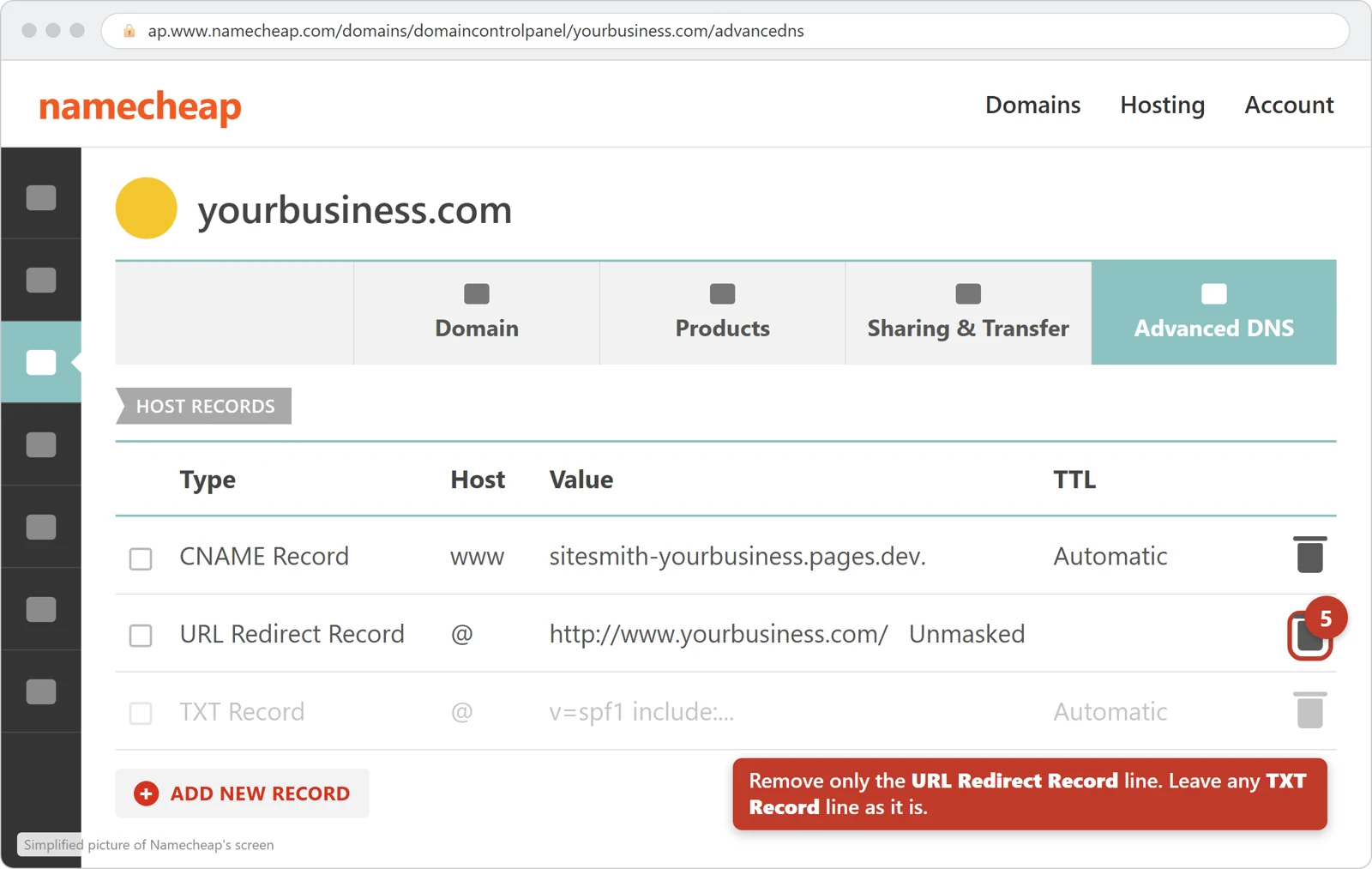 The Host Records list with the trash bin on the URL Redirect Record line circled