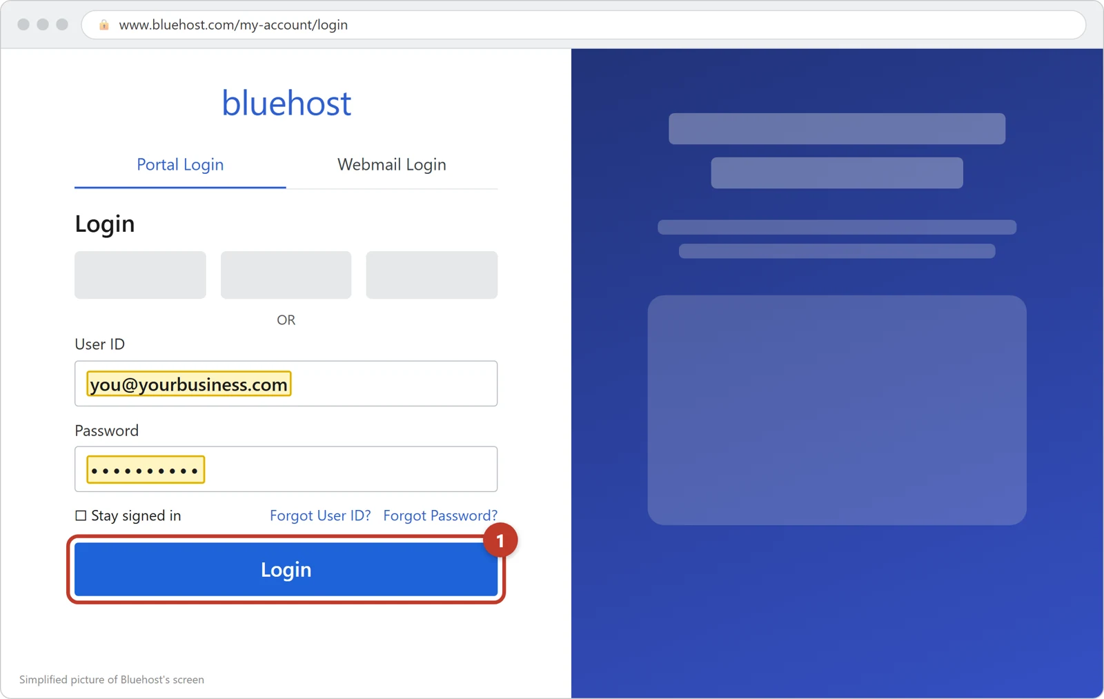 Bluehost's Login page with the User ID and Password filled in and the Login button circled