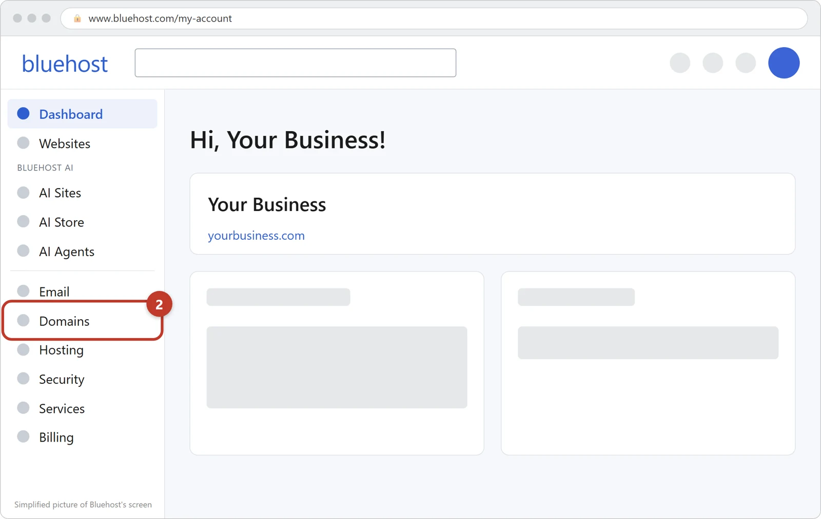 The Bluehost Portal with Domains circled in the menu on the left