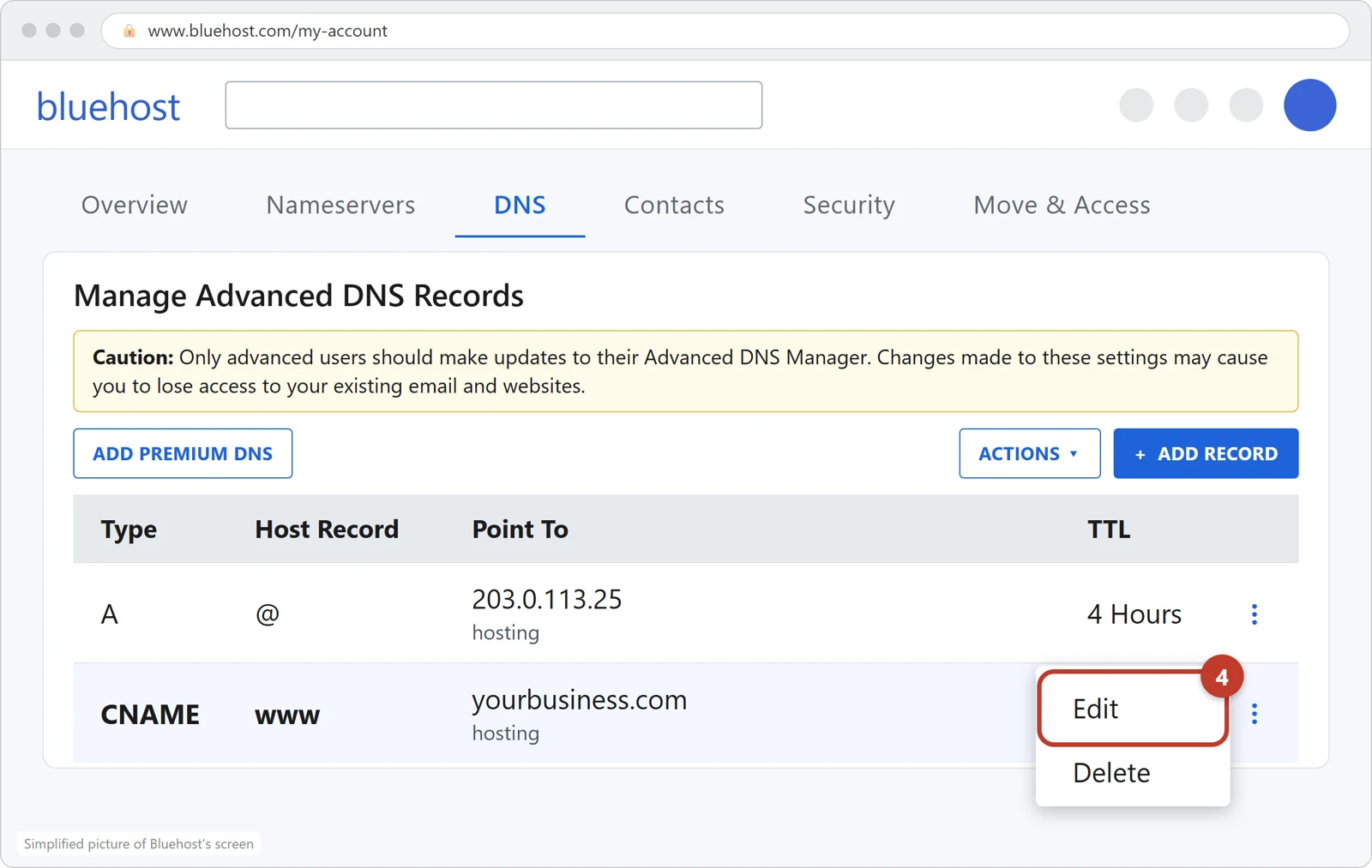 Bluehost's list of DNS records with the menu of the www line open and Edit circled