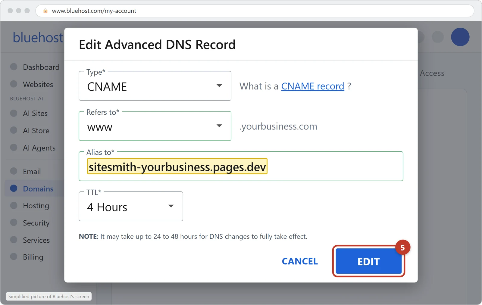 Bluehost's Edit Advanced DNS Record window for www, with your site's address in Alias to and the EDIT button circled