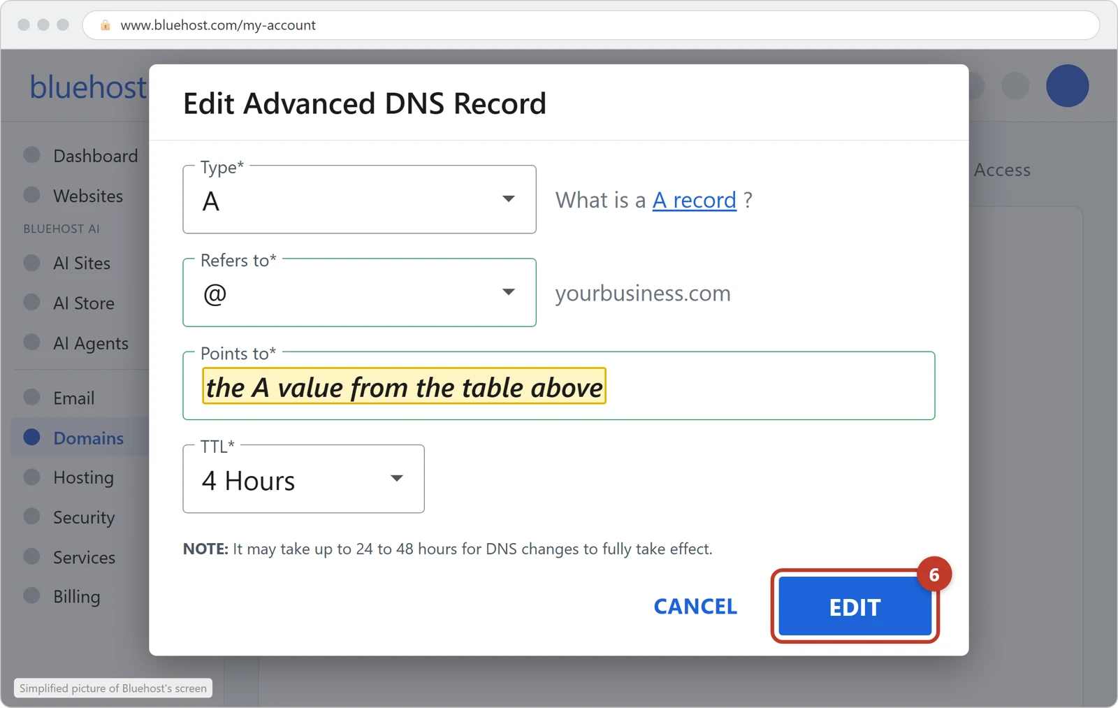 Bluehost's Edit Advanced DNS Record window for the A record of @, with the EDIT button circled