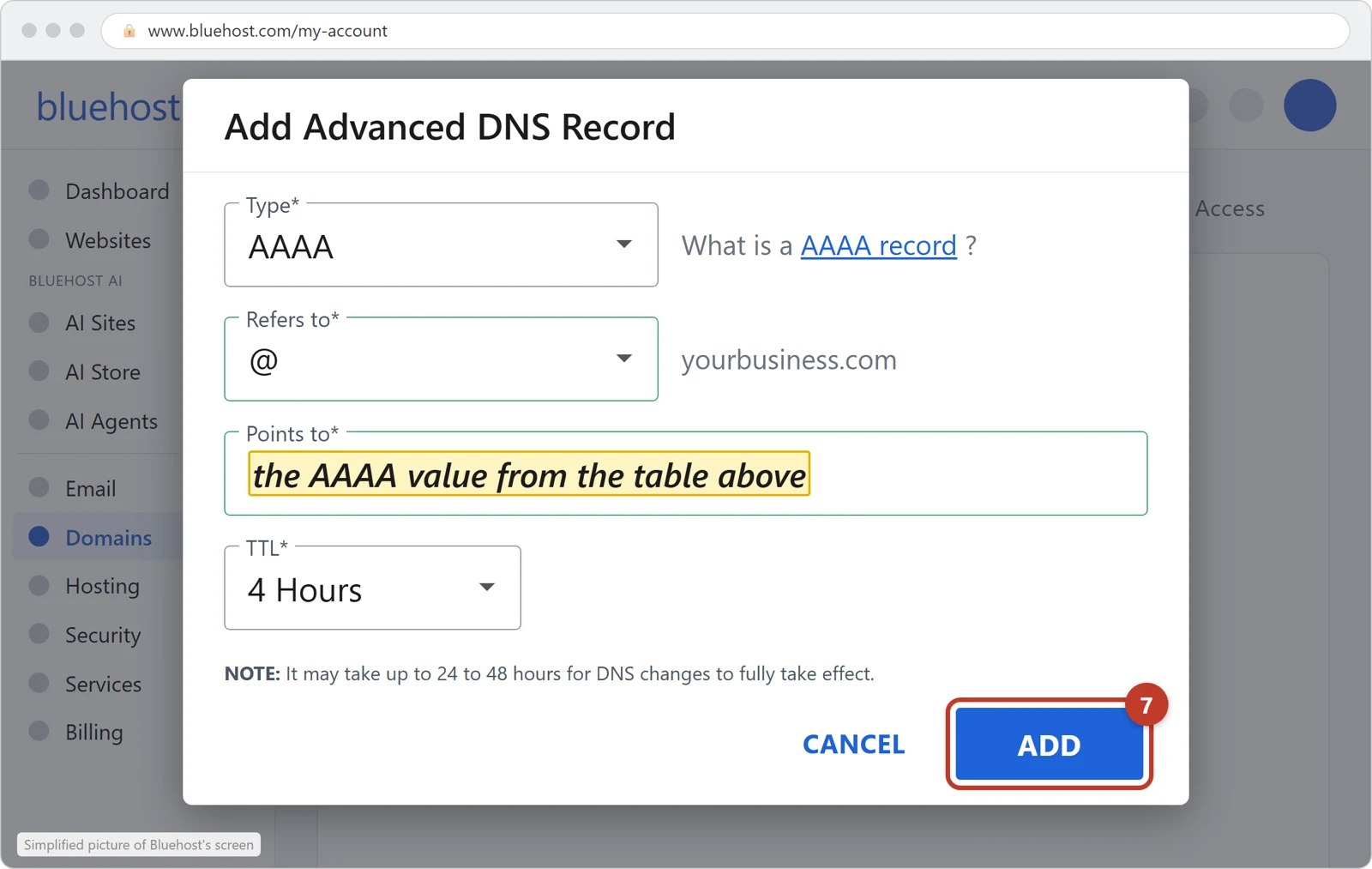 Bluehost's Add Advanced DNS Record window with Type AAAA and Refers to @, and the ADD button circled