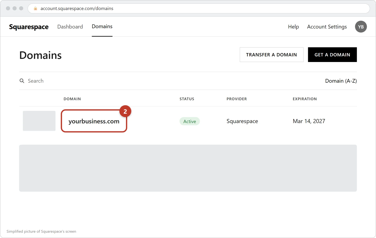 Squarespace's Domains list with the domain yourbusiness.com circled