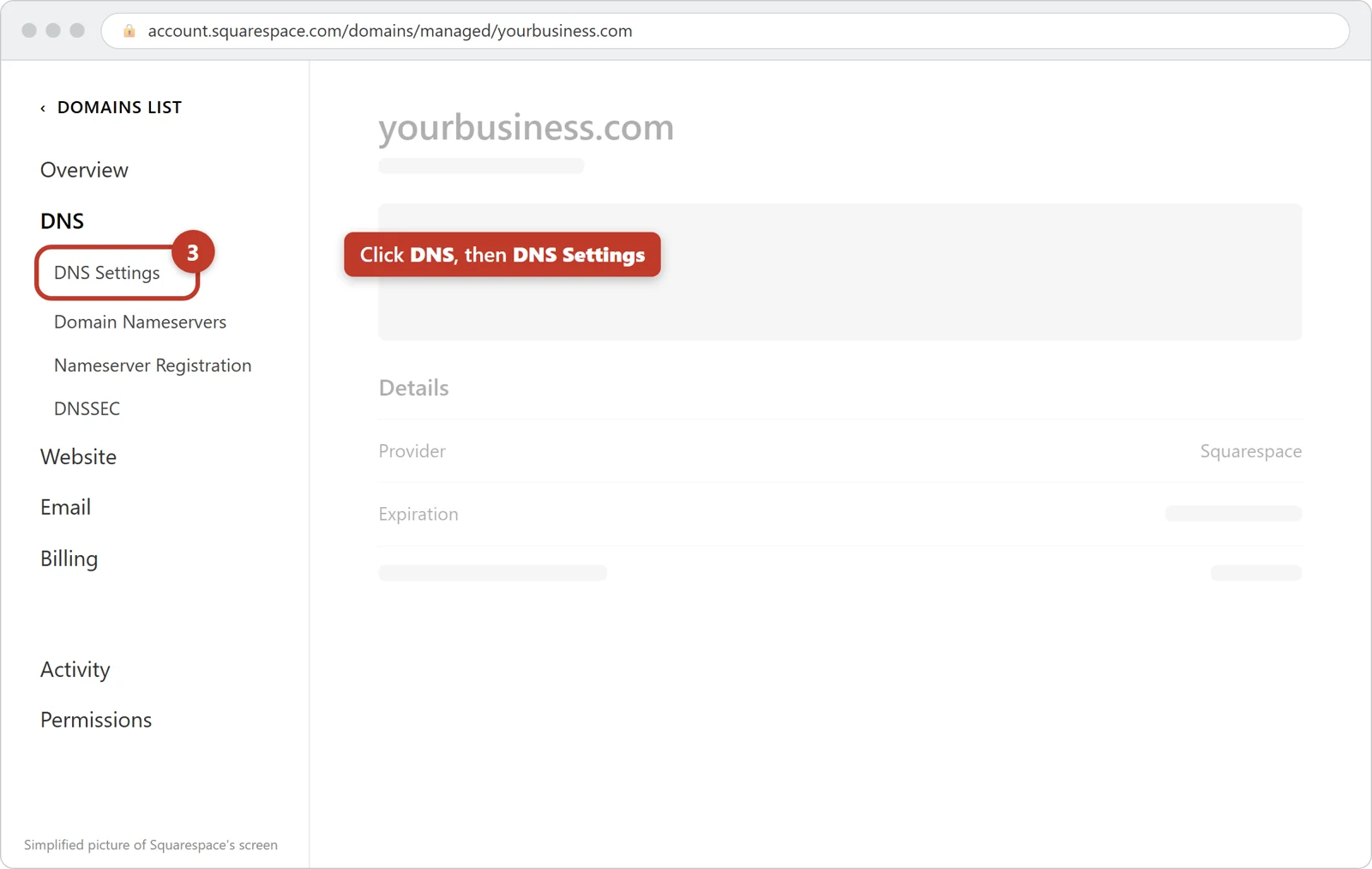 The domain's page at Squarespace with DNS Settings circled in the menu on the left