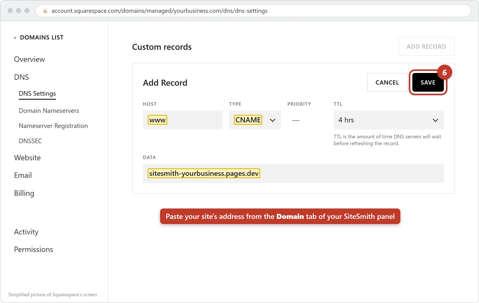 Squarespace's Add Record form filled in with www, CNAME and the site's address, with SAVE circled