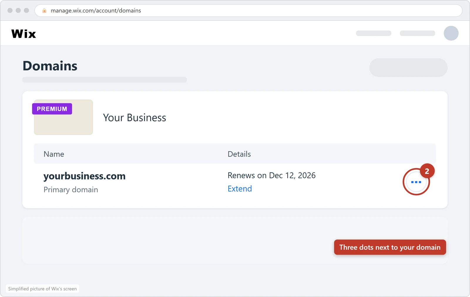 Wix's Domains page: the website Your Business with yourbusiness.com under it, and the three-dots button next to the domain circled