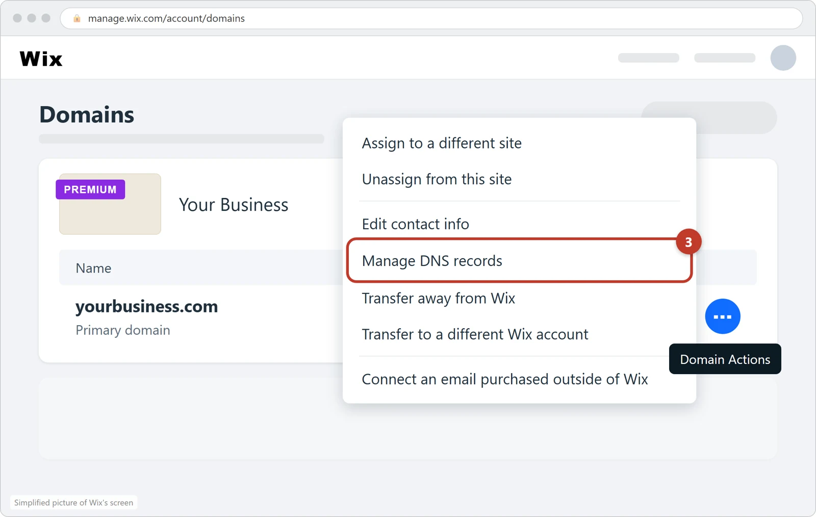 The Domain Actions menu open, with Manage DNS records circled