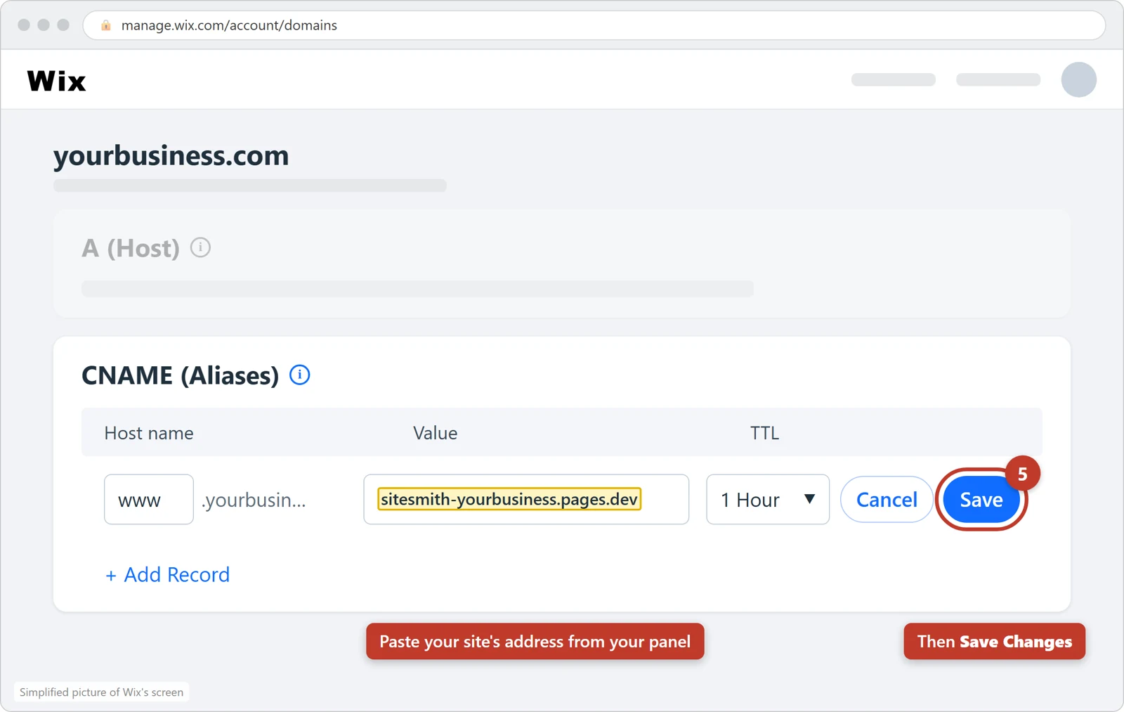 The www line open for editing, your site's address typed in the Value box, and the Save button circled